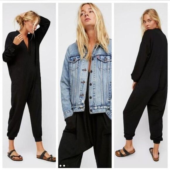 Free People Just Because Onesie cotton oversized jumpsuit in black - Picture 4 of 14
